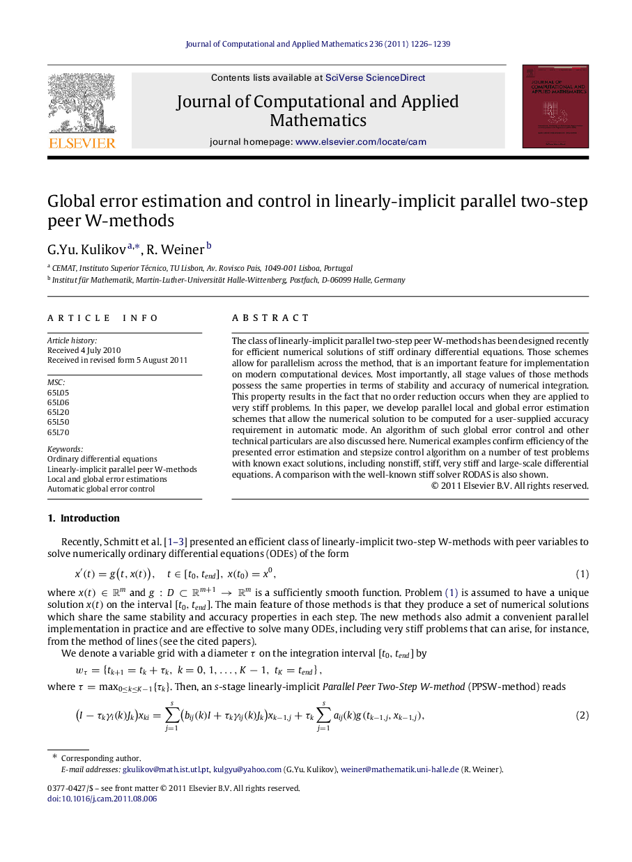 Global error estimation and control in linearly-implicit parallel two-step peer W-methods