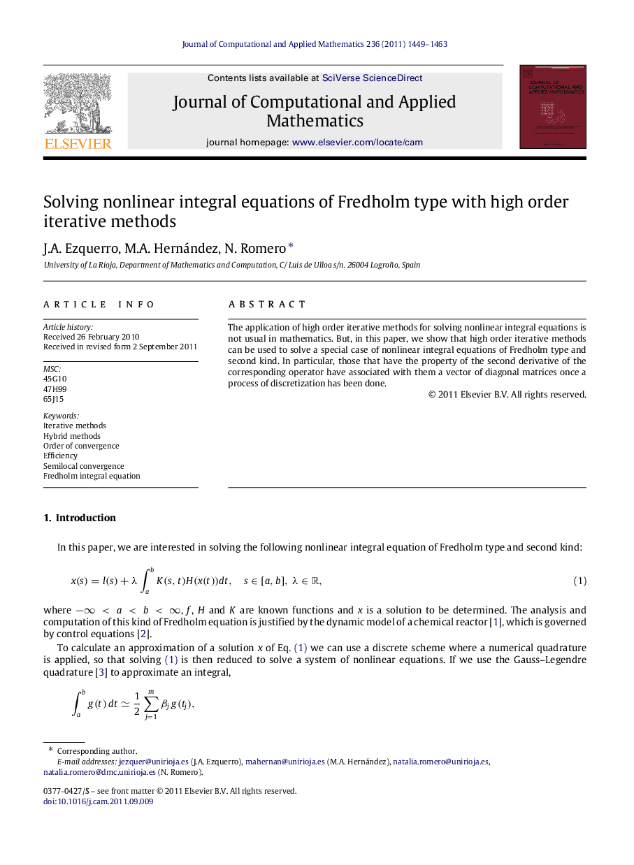 Solving nonlinear integral equations of Fredholm type with high order iterative methods