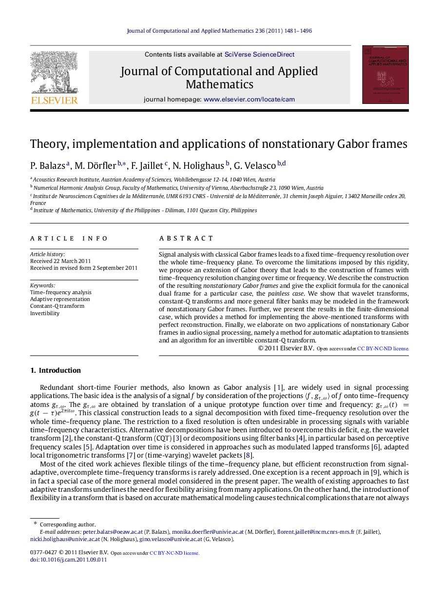 Theory, implementation and applications of nonstationary Gabor frames