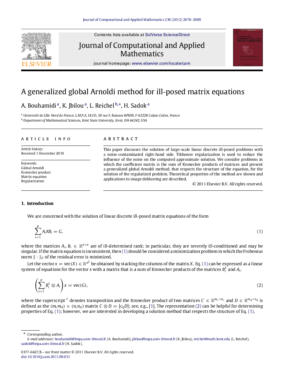 A generalized global Arnoldi method for ill-posed matrix equations