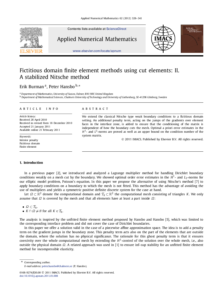 Fictitious domain finite element methods using cut elements: II. A stabilized Nitsche method