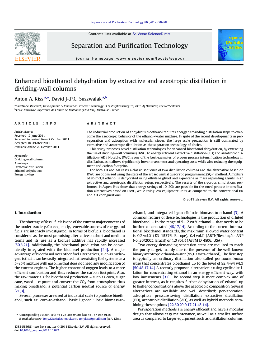 Enhanced bioethanol dehydration by extractive and azeotropic distillation in dividing-wall columns