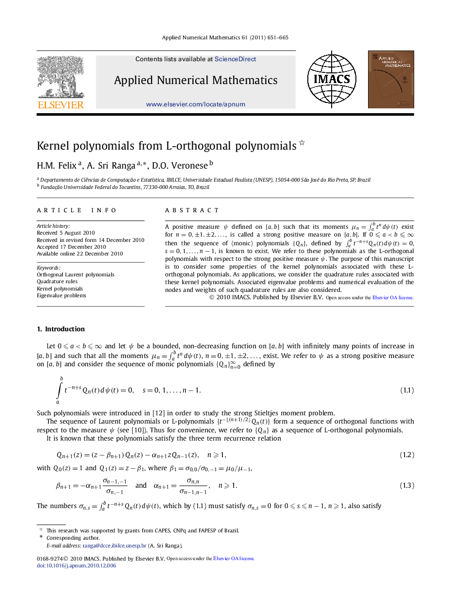 Kernel polynomials from L-orthogonal polynomials