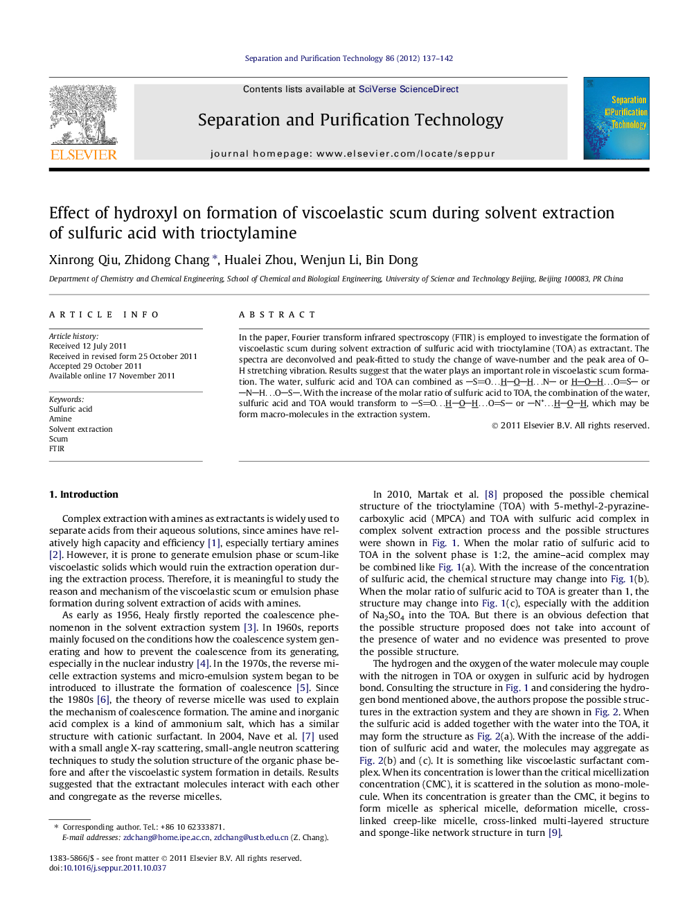 Effect of hydroxyl on formation of viscoelastic scum during solvent extraction of sulfuric acid with trioctylamine