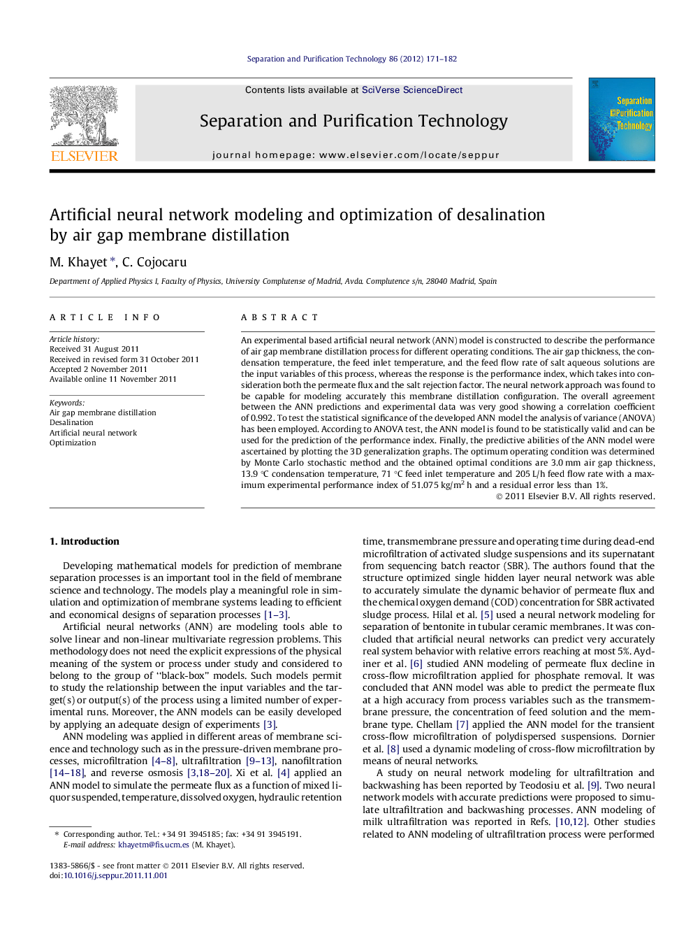 Artificial neural network modeling and optimization of desalination by air gap membrane distillation