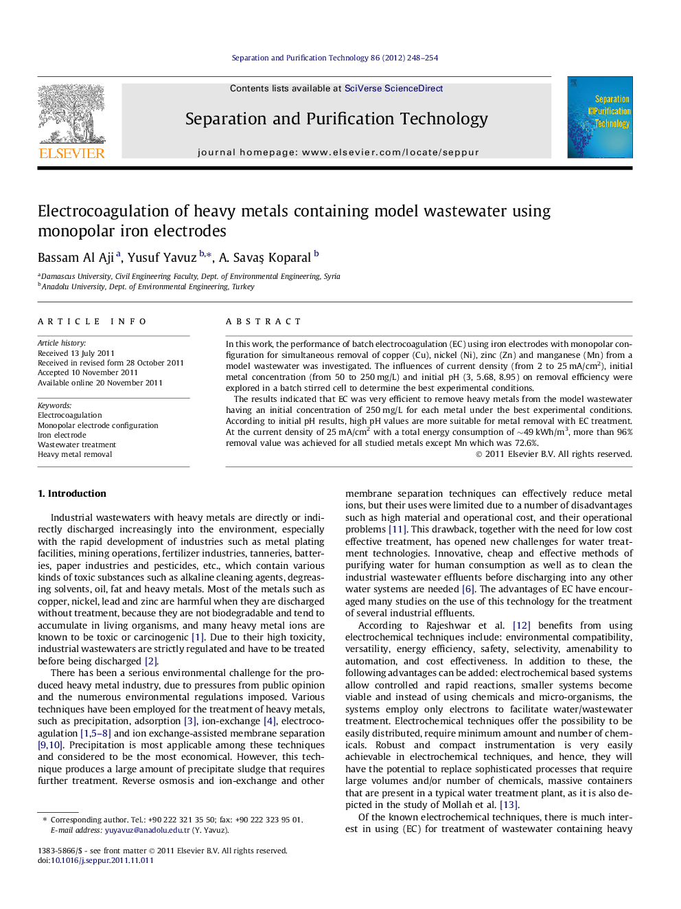 Electrocoagulation of heavy metals containing model wastewater using monopolar iron electrodes