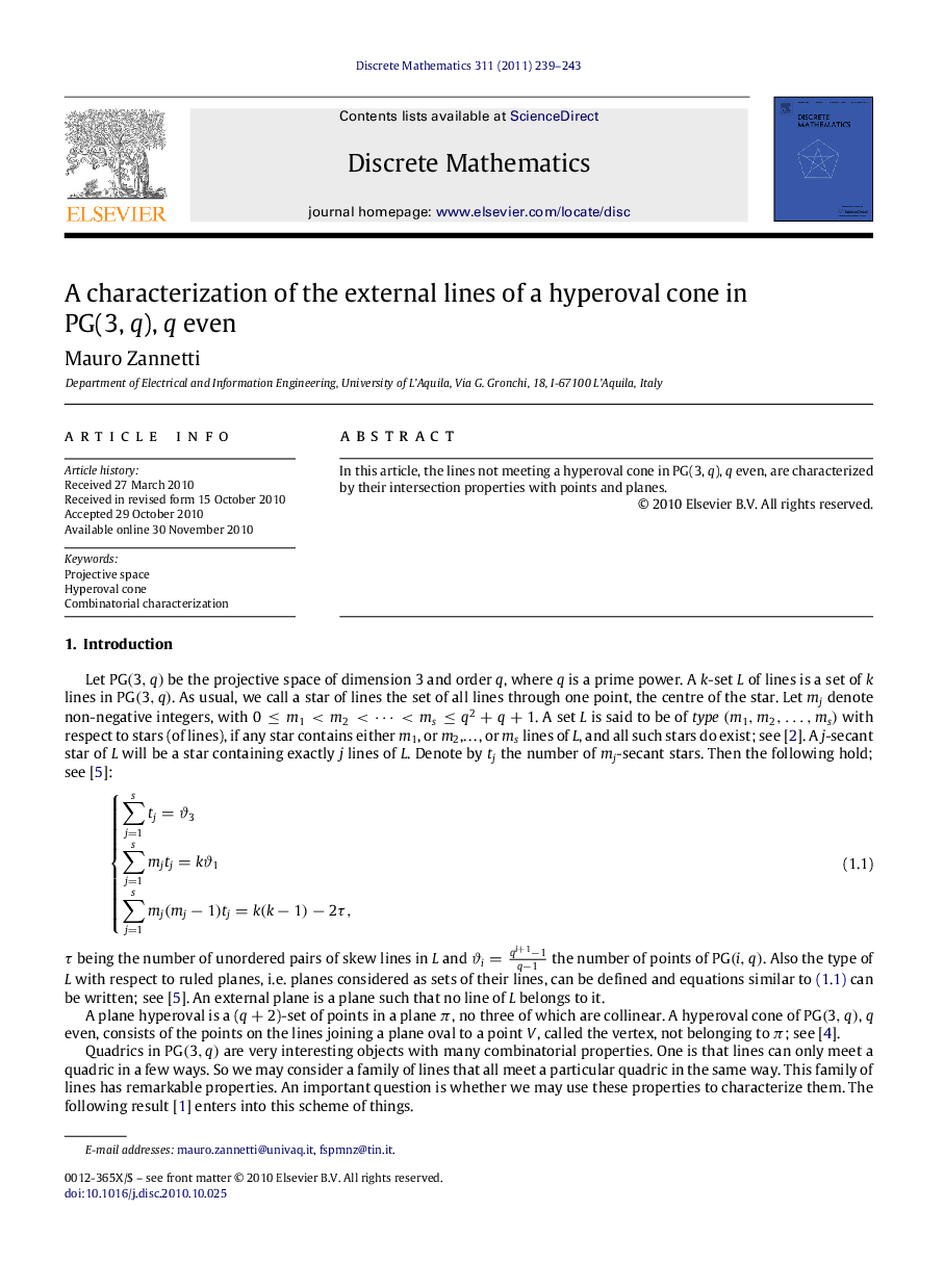 A characterization of the external lines of a hyperoval cone in PG(3, q), q even