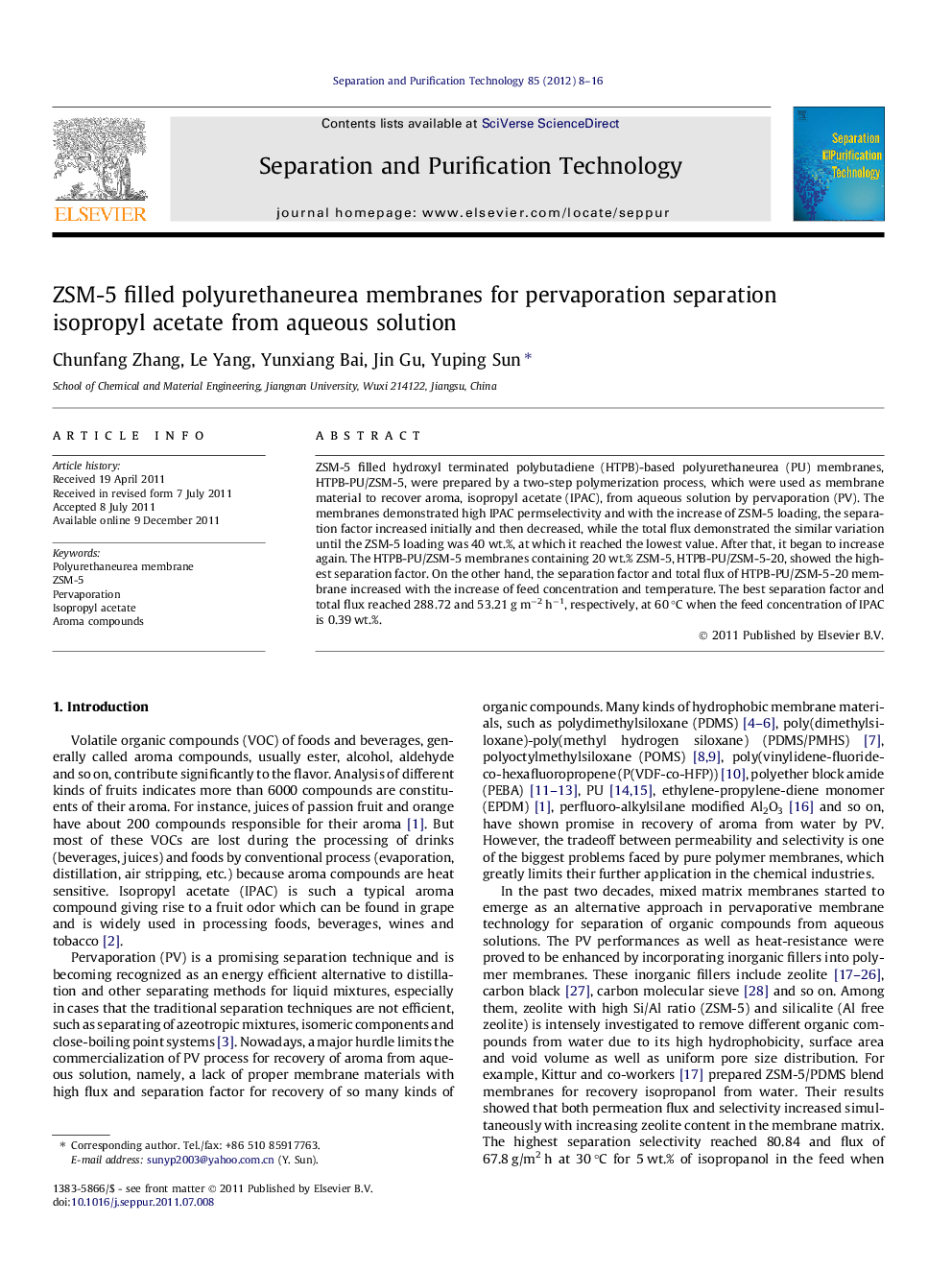 ZSM-5 filled polyurethaneurea membranes for pervaporation separation isopropyl acetate from aqueous solution