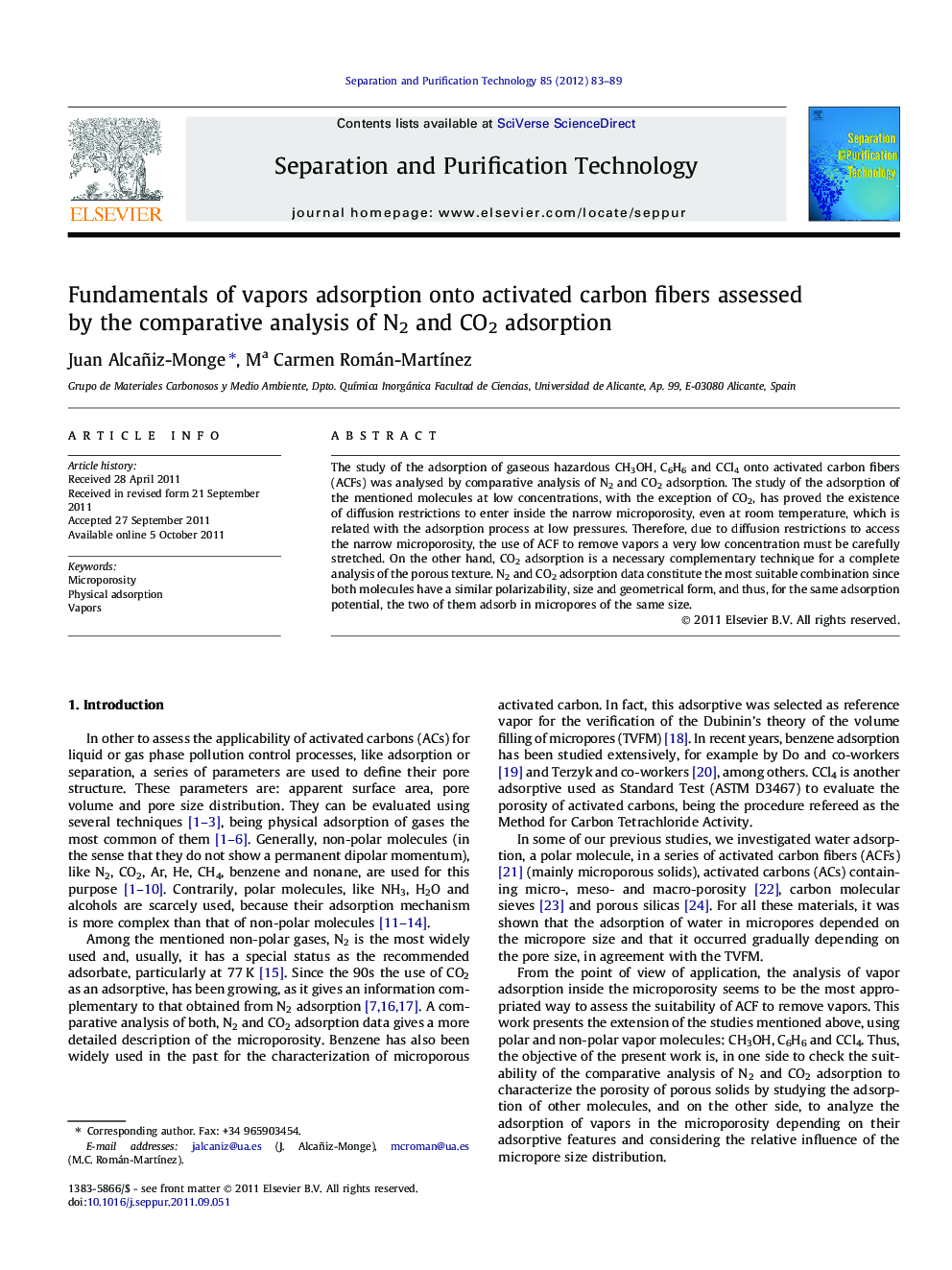 Fundamentals of vapors adsorption onto activated carbon fibers assessed by the comparative analysis of N2 and CO2 adsorption