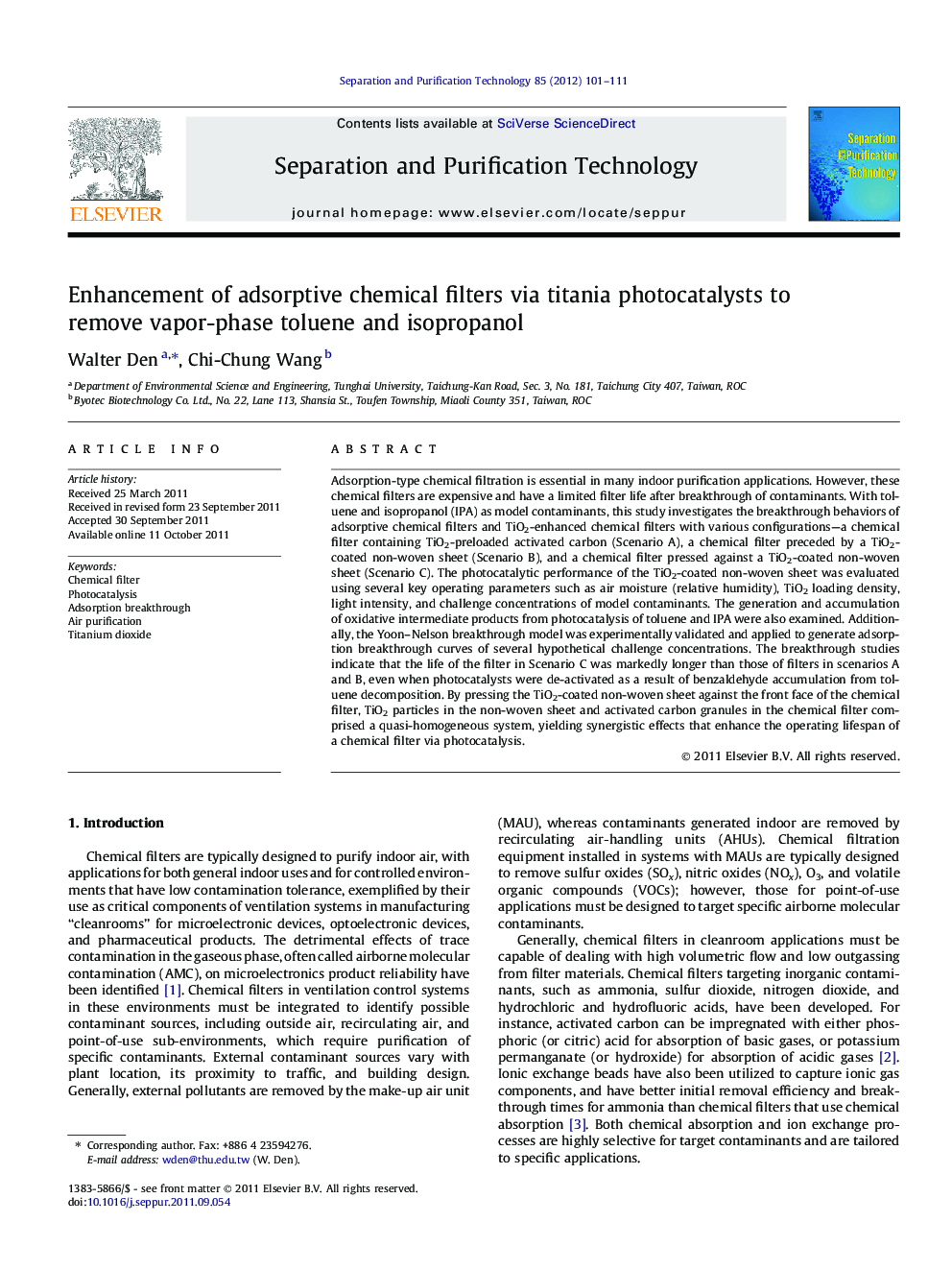 Enhancement of adsorptive chemical filters via titania photocatalysts to remove vapor-phase toluene and isopropanol