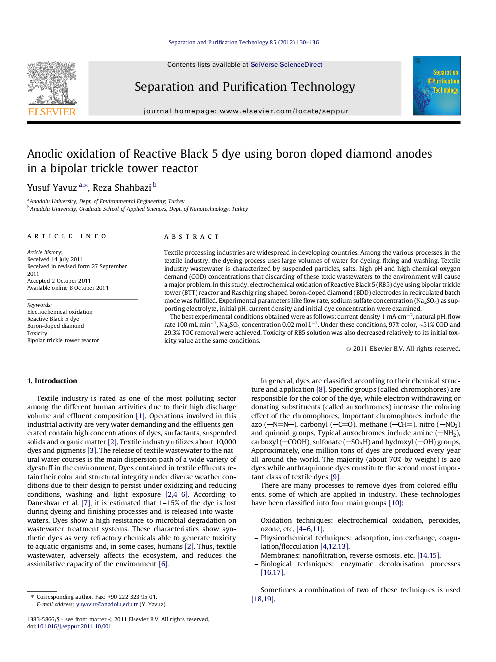 Anodic oxidation of Reactive Black 5 dye using boron doped diamond anodes in a bipolar trickle tower reactor