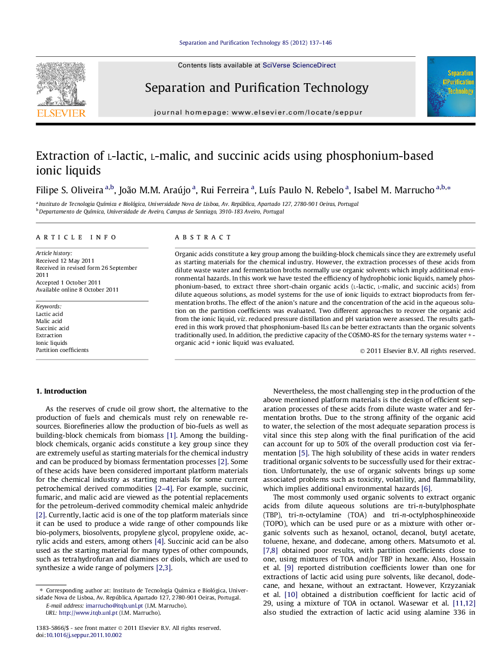 Extraction of l-lactic, l-malic, and succinic acids using phosphonium-based ionic liquids