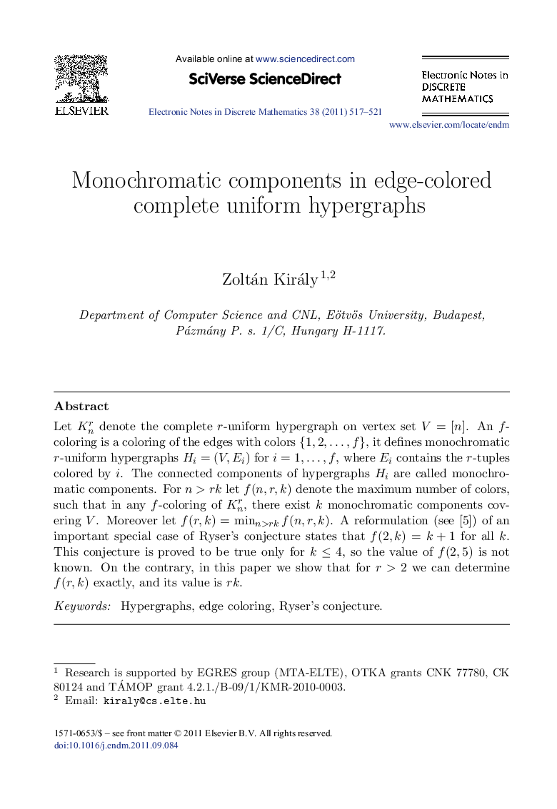 Monochromatic components in edge-colored complete uniform hypergraphs