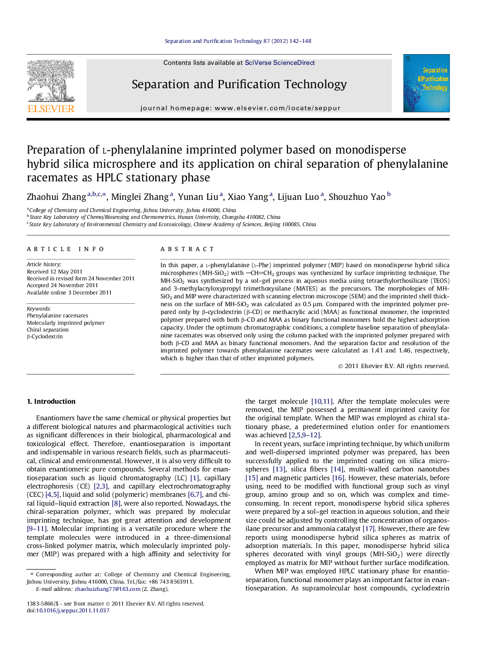 Preparation of l-phenylalanine imprinted polymer based on monodisperse hybrid silica microsphere and its application on chiral separation of phenylalanine racemates as HPLC stationary phase