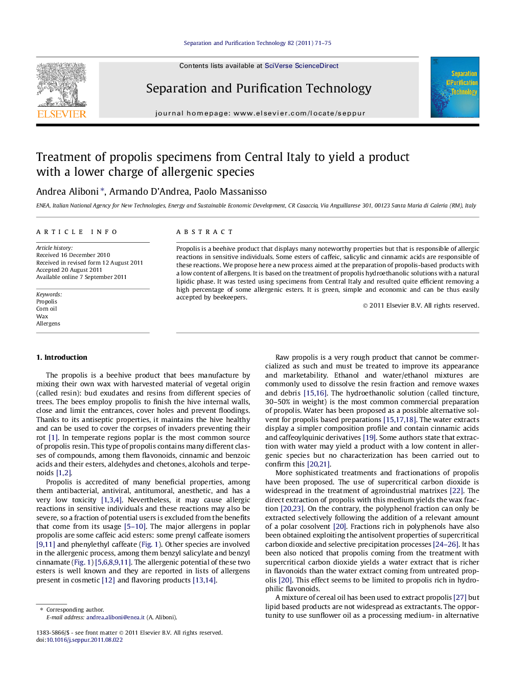 Treatment of propolis specimens from Central Italy to yield a product with a lower charge of allergenic species