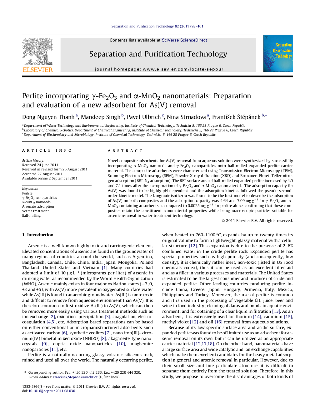 Perlite incorporating γ-Fe2O3 and α-MnO2 nanomaterials: Preparation and evaluation of a new adsorbent for As(V) removal