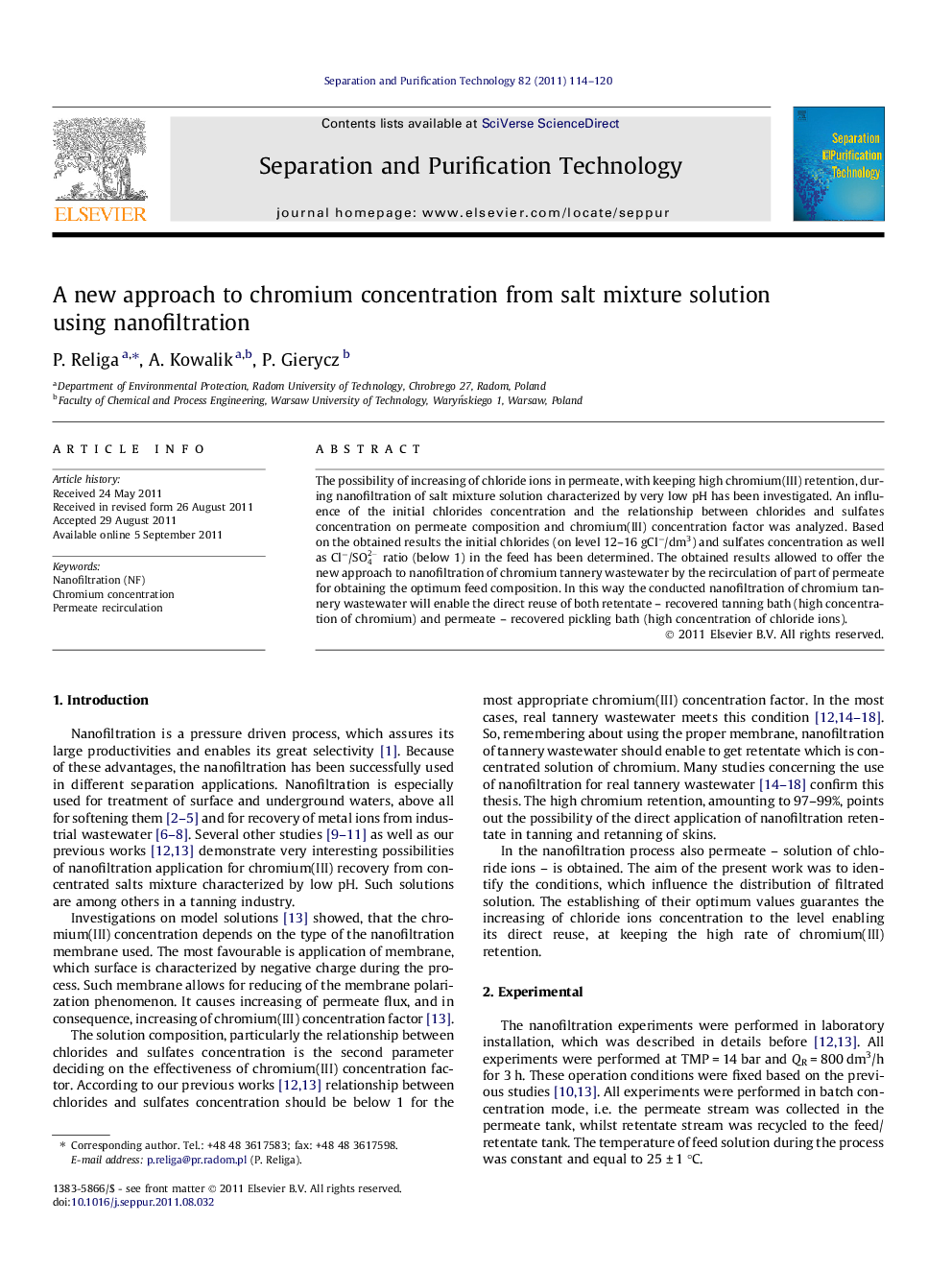 A new approach to chromium concentration from salt mixture solution using nanofiltration