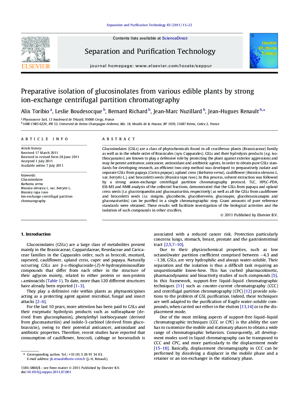Preparative isolation of glucosinolates from various edible plants by strong ion-exchange centrifugal partition chromatography
