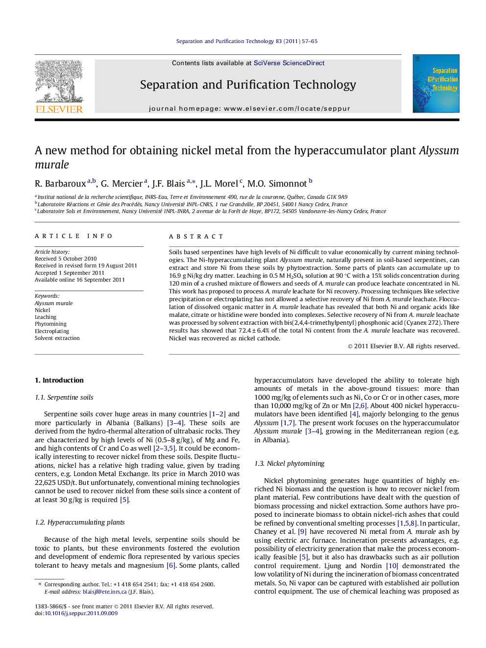 A new method for obtaining nickel metal from the hyperaccumulator plant Alyssum murale