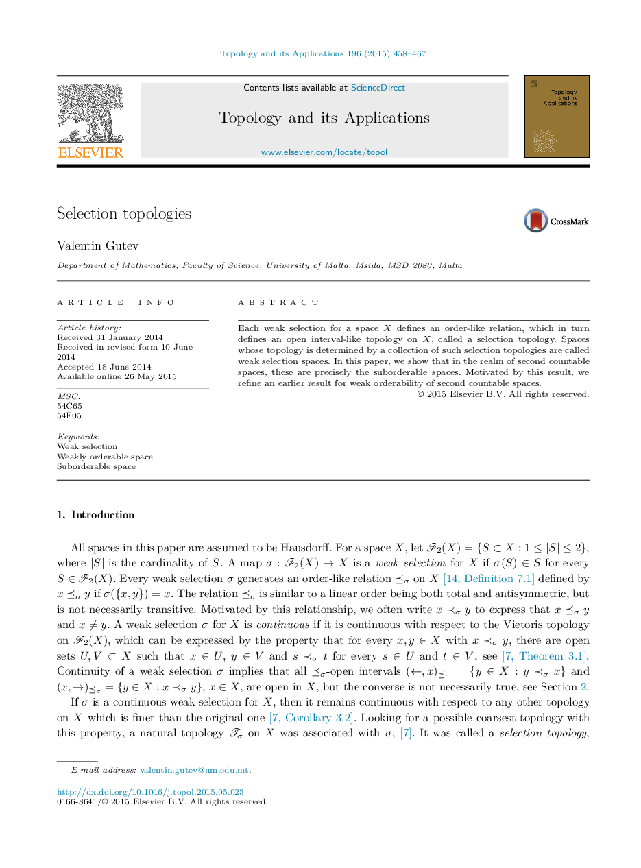 Selection topologies