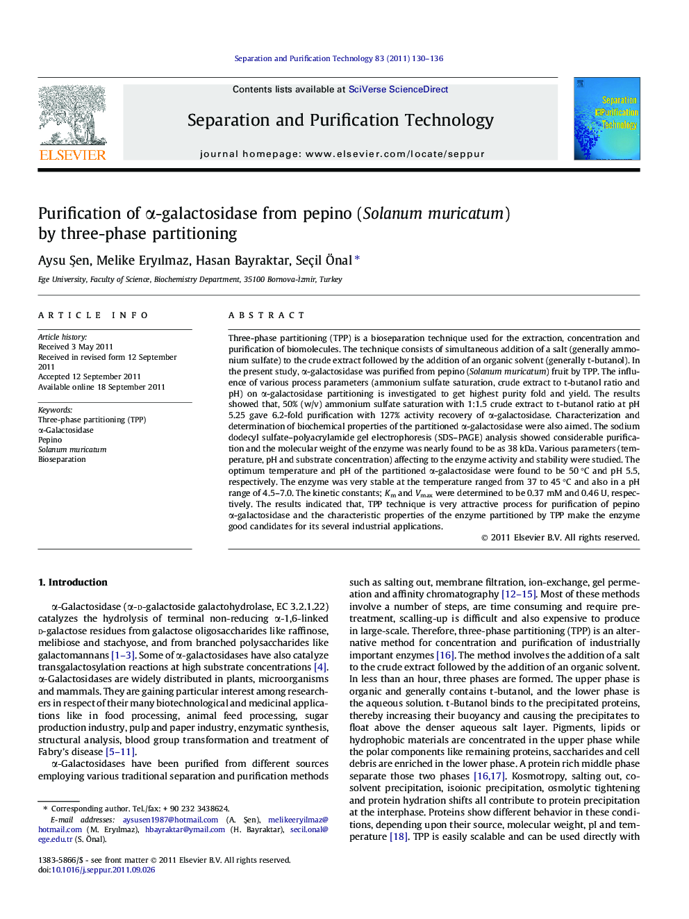 Purification of Î±-galactosidase from pepino (Solanum muricatum) by three-phase partitioning