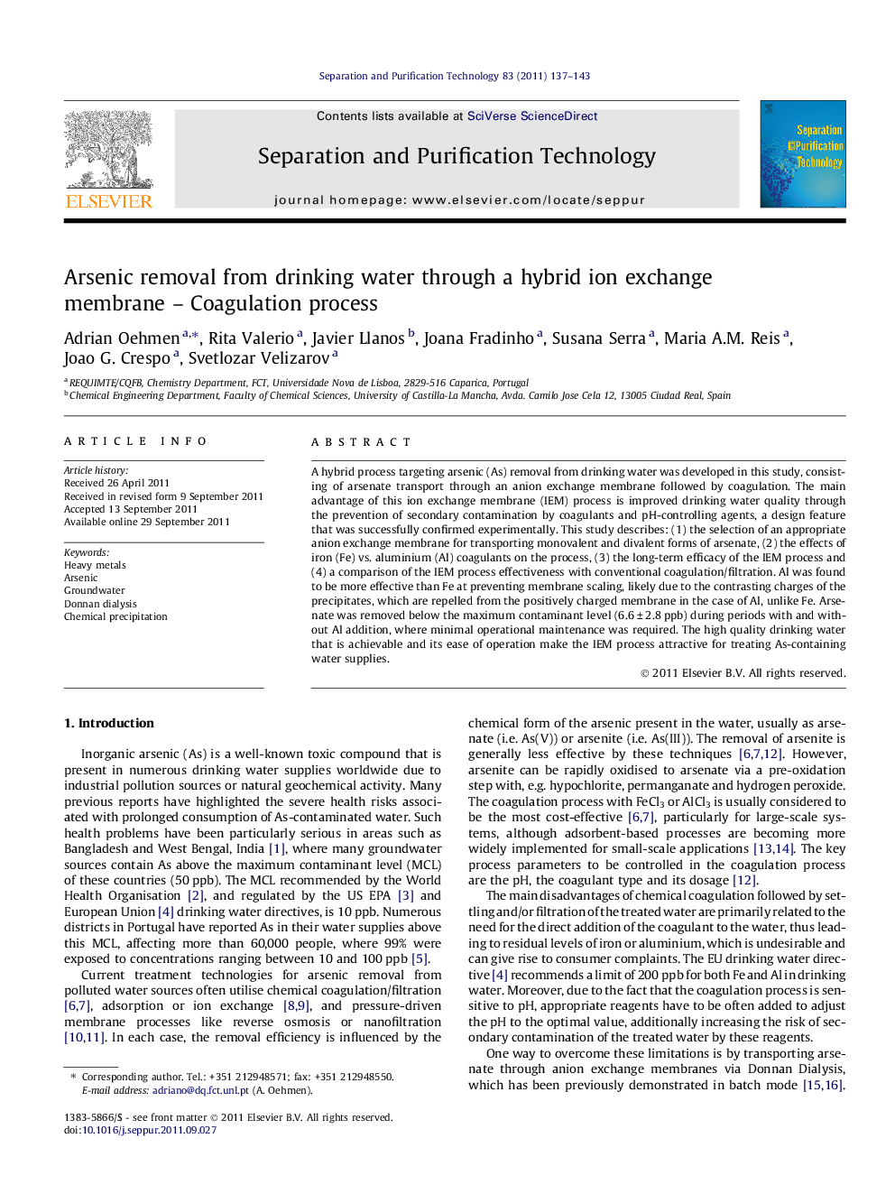 عکس صفحه اول مقاله: Arsenic removal from drinking water through a hybrid ion exchange membrane – Coagulation process Arsenic removal from drinking water through a hybrid ion exchange membrane – Coagulation process