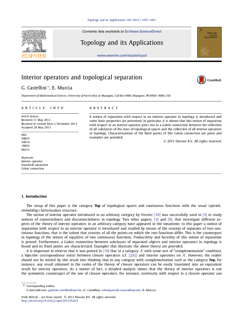 Interior operators and topological separation