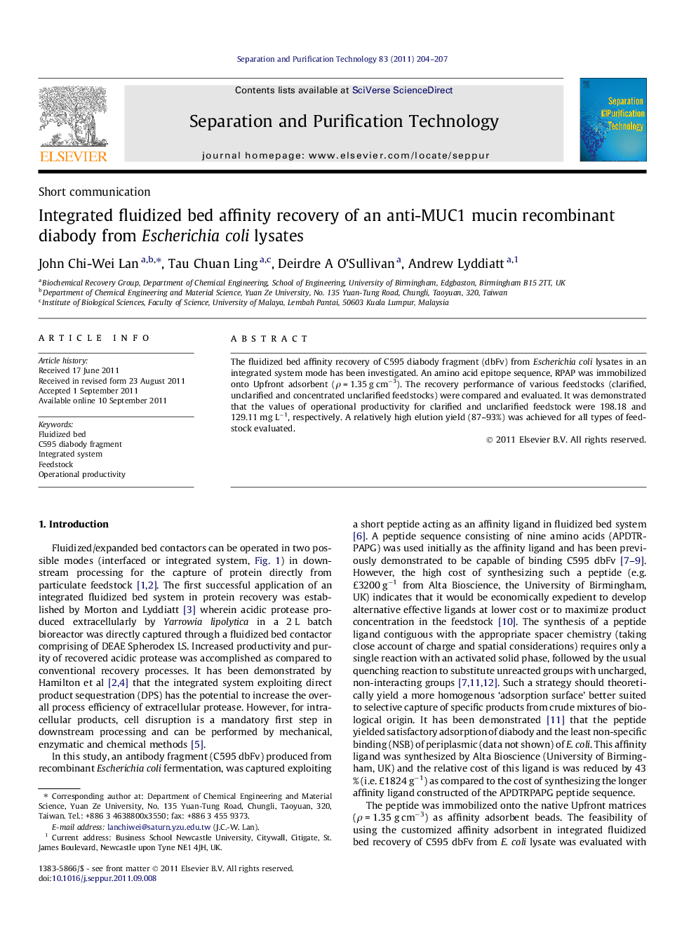 Integrated fluidized bed affinity recovery of an anti-MUC1 mucin recombinant diabody from Escherichia coli lysates