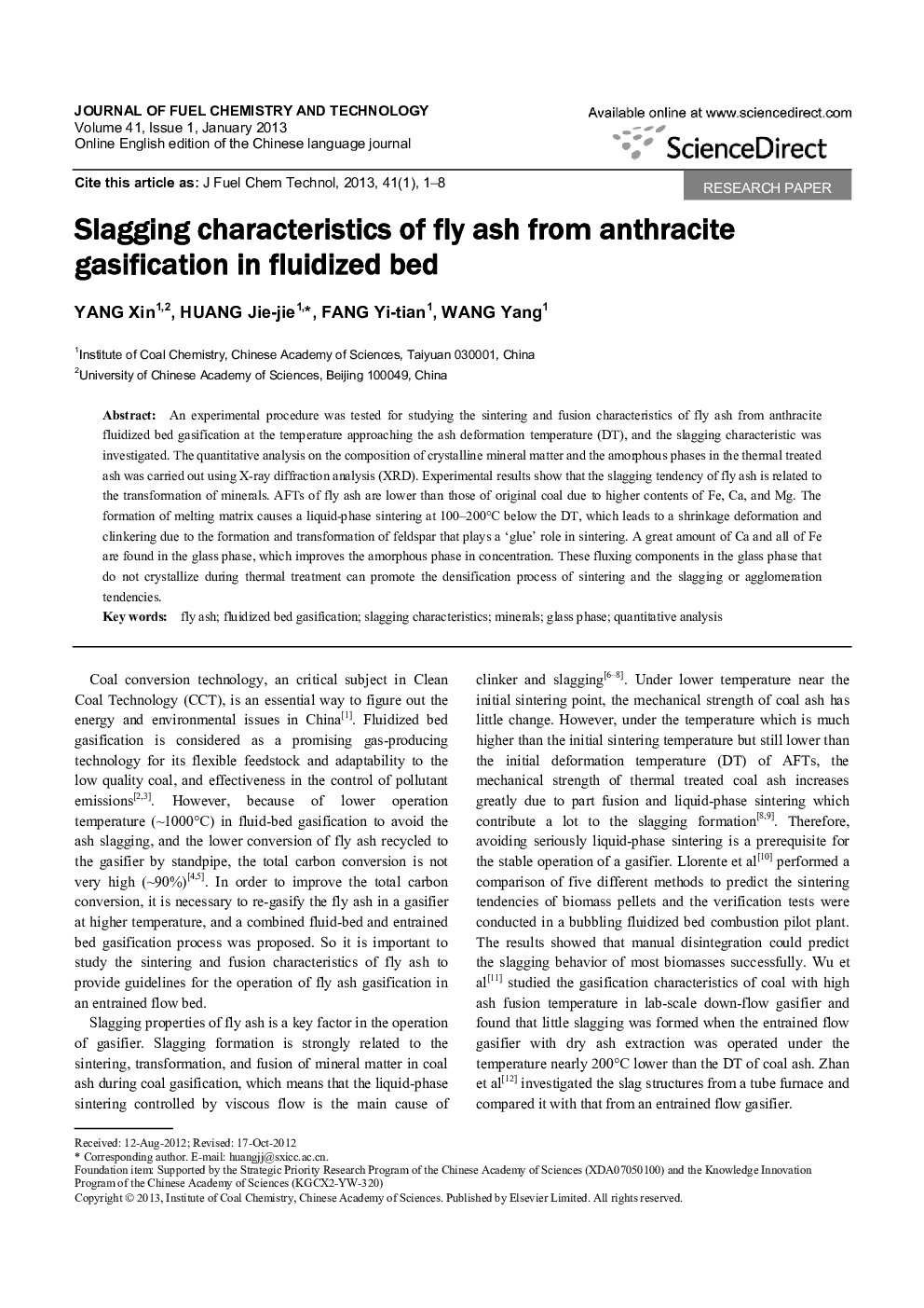 عکس صفحه اول مقاله: Slagging characteristics of fly ash from anthracite gasification in fluidized bed Slagging characteristics of fly ash from anthracite gasification in fluidized bed