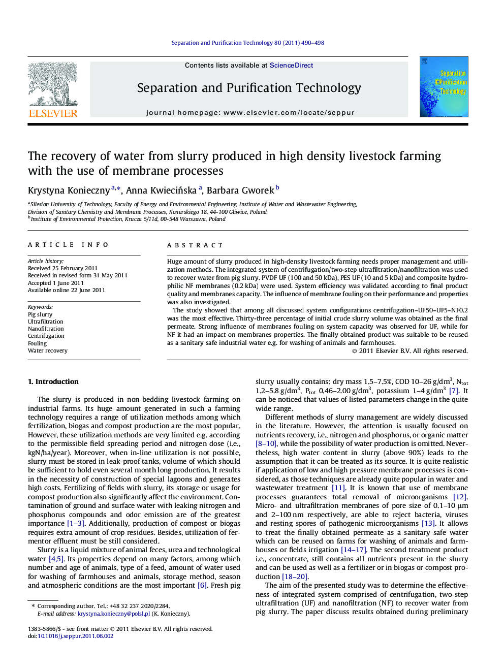 The recovery of water from slurry produced in high density livestock farming with the use of membrane processes