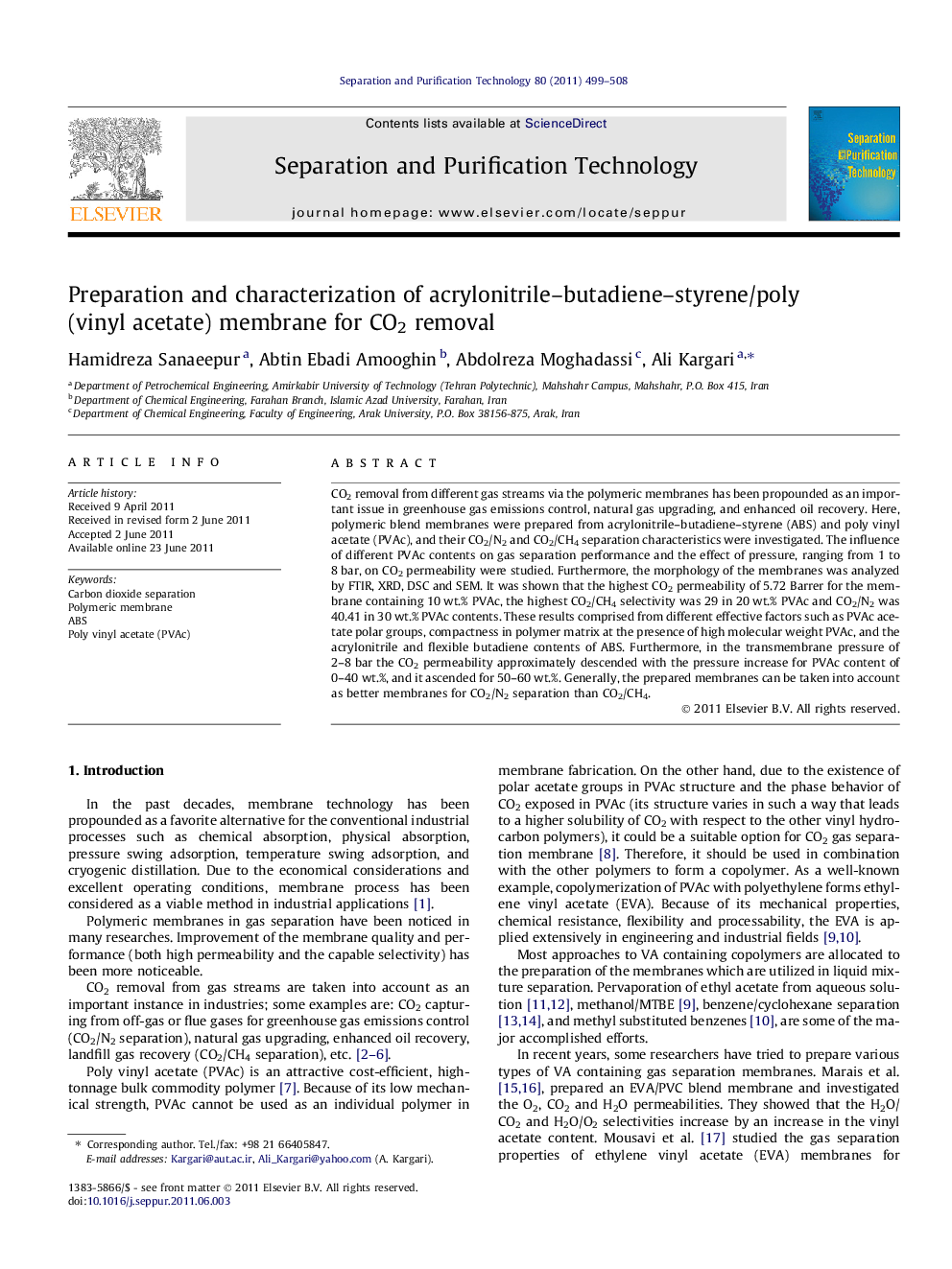 Preparation and characterization of acrylonitrile–butadiene–styrene/poly(vinyl acetate) membrane for CO2 removal