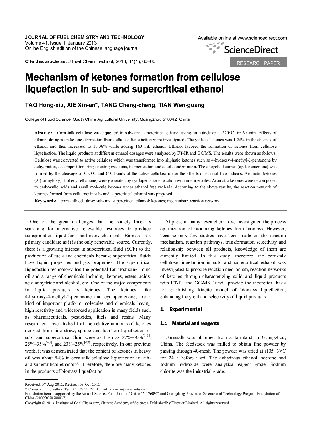 Mechanism of ketones formation from cellulose liquefaction in sub- and supercritical ethanol 