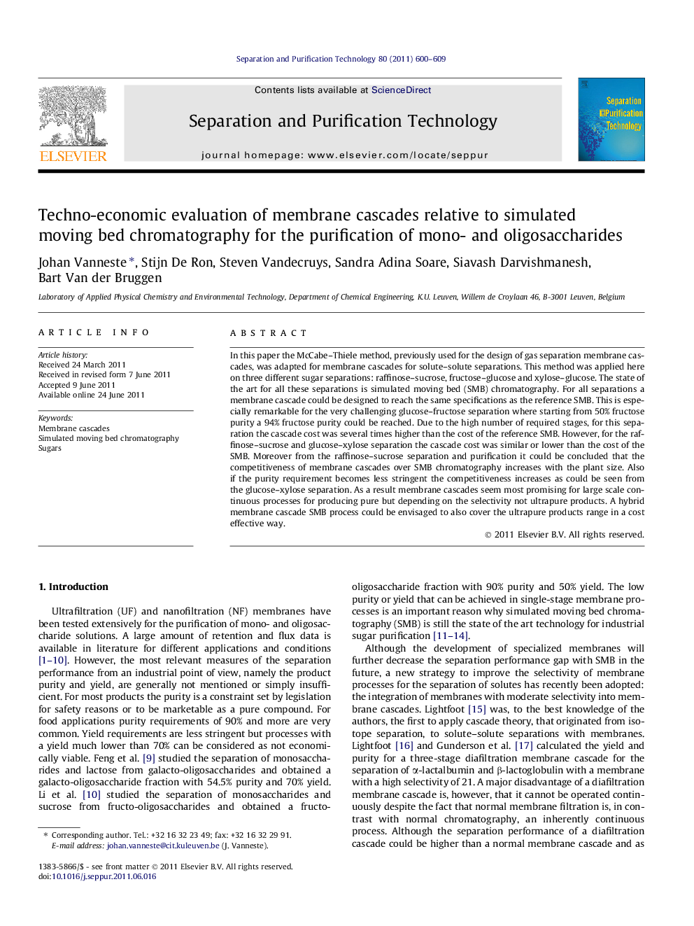 Techno-economic evaluation of membrane cascades relative to simulated moving bed chromatography for the purification of mono- and oligosaccharides