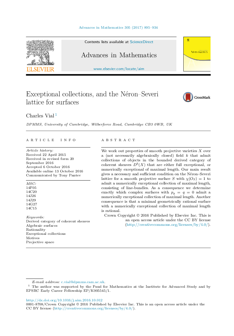 عکس صفحه اول مقاله: Exceptional collections, and the Néron-Severi lattice for surfaces Exceptional collections, and the Néron-Severi lattice for surfaces