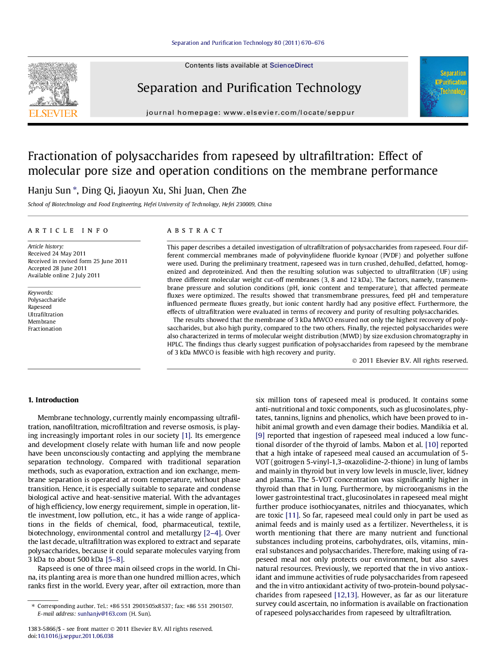 Fractionation of polysaccharides from rapeseed by ultrafiltration: Effect of molecular pore size and operation conditions on the membrane performance