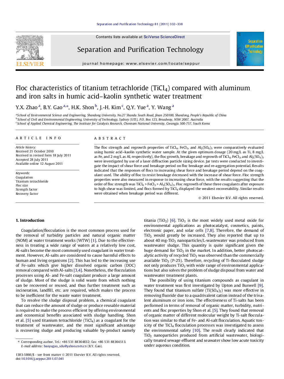 Floc characteristics of titanium tetrachloride (TiCl4) compared with aluminum and iron salts in humic acid–kaolin synthetic water treatment