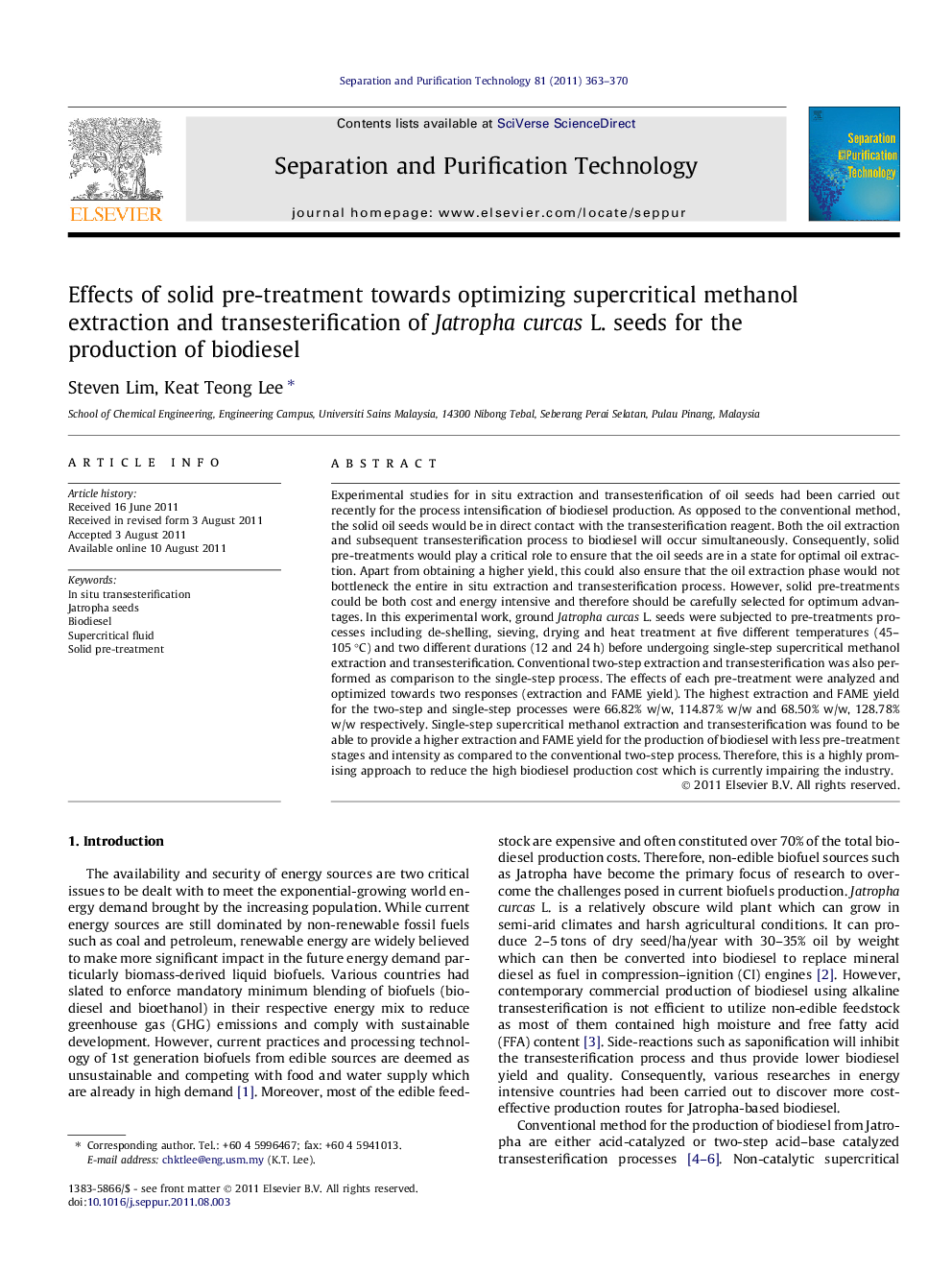 Effects of solid pre-treatment towards optimizing supercritical methanol extraction and transesterification of Jatropha curcas L. seeds for the production of biodiesel