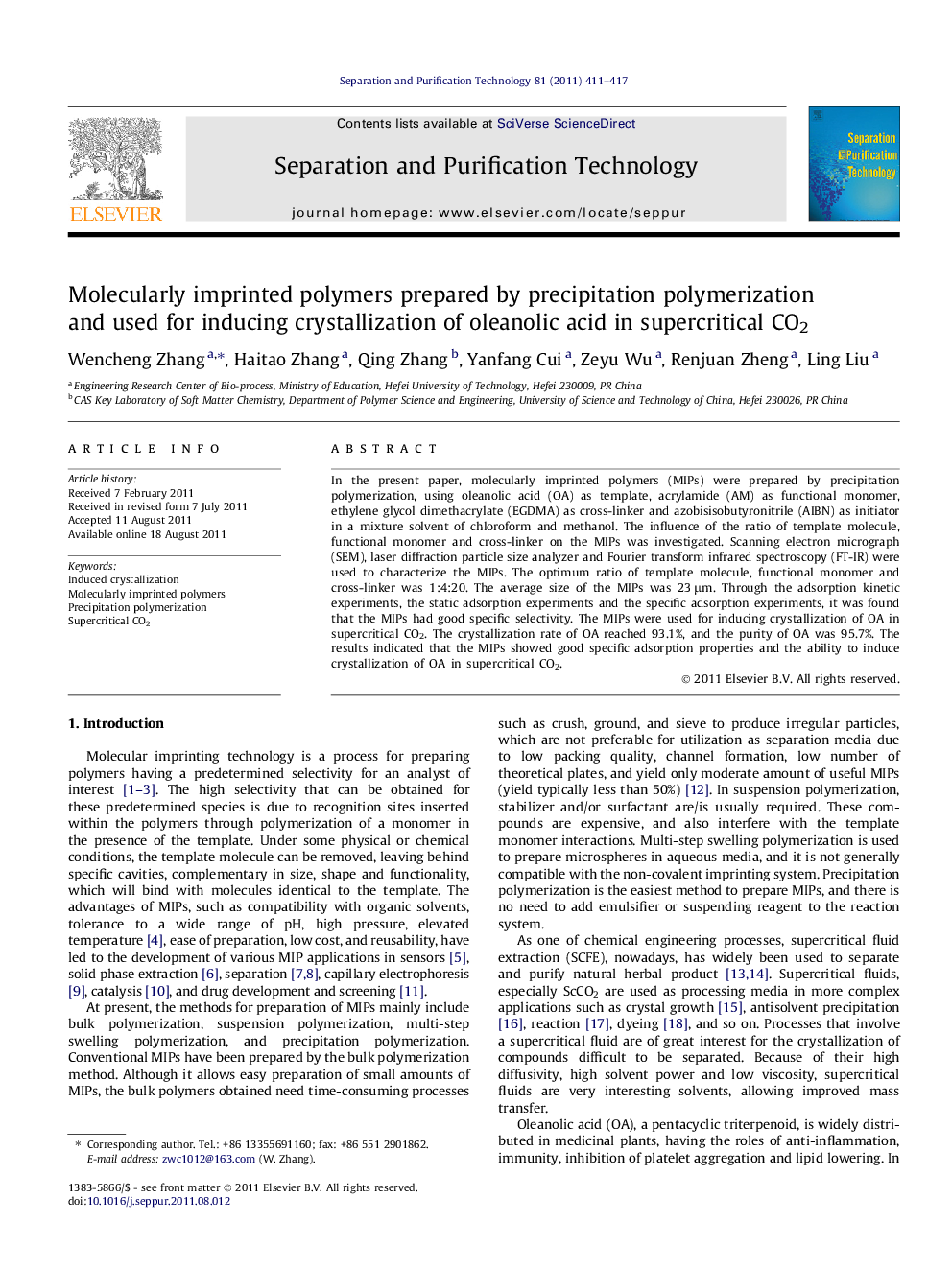 Molecularly imprinted polymers prepared by precipitation polymerization and used for inducing crystallization of oleanolic acid in supercritical CO2