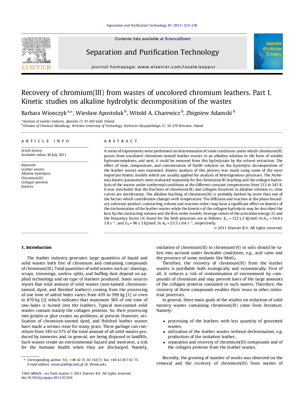 Recovery of chromium(III) from wastes of uncolored chromium leathers. Part I. Kinetic studies on alkaline hydrolytic decomposition of the wastes