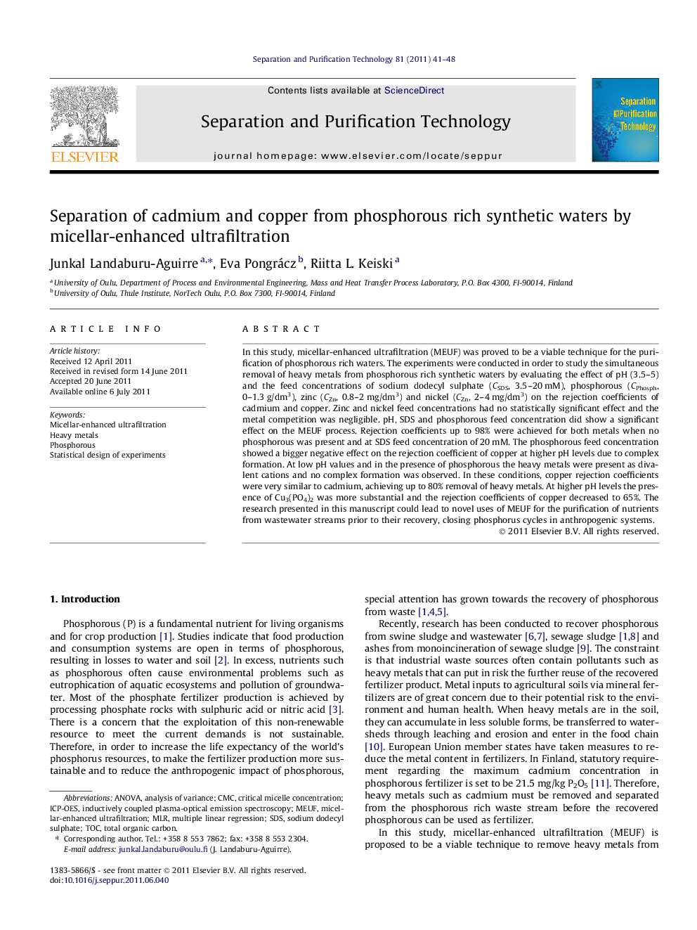 Separation of cadmium and copper from phosphorous rich synthetic waters by micellar-enhanced ultrafiltration