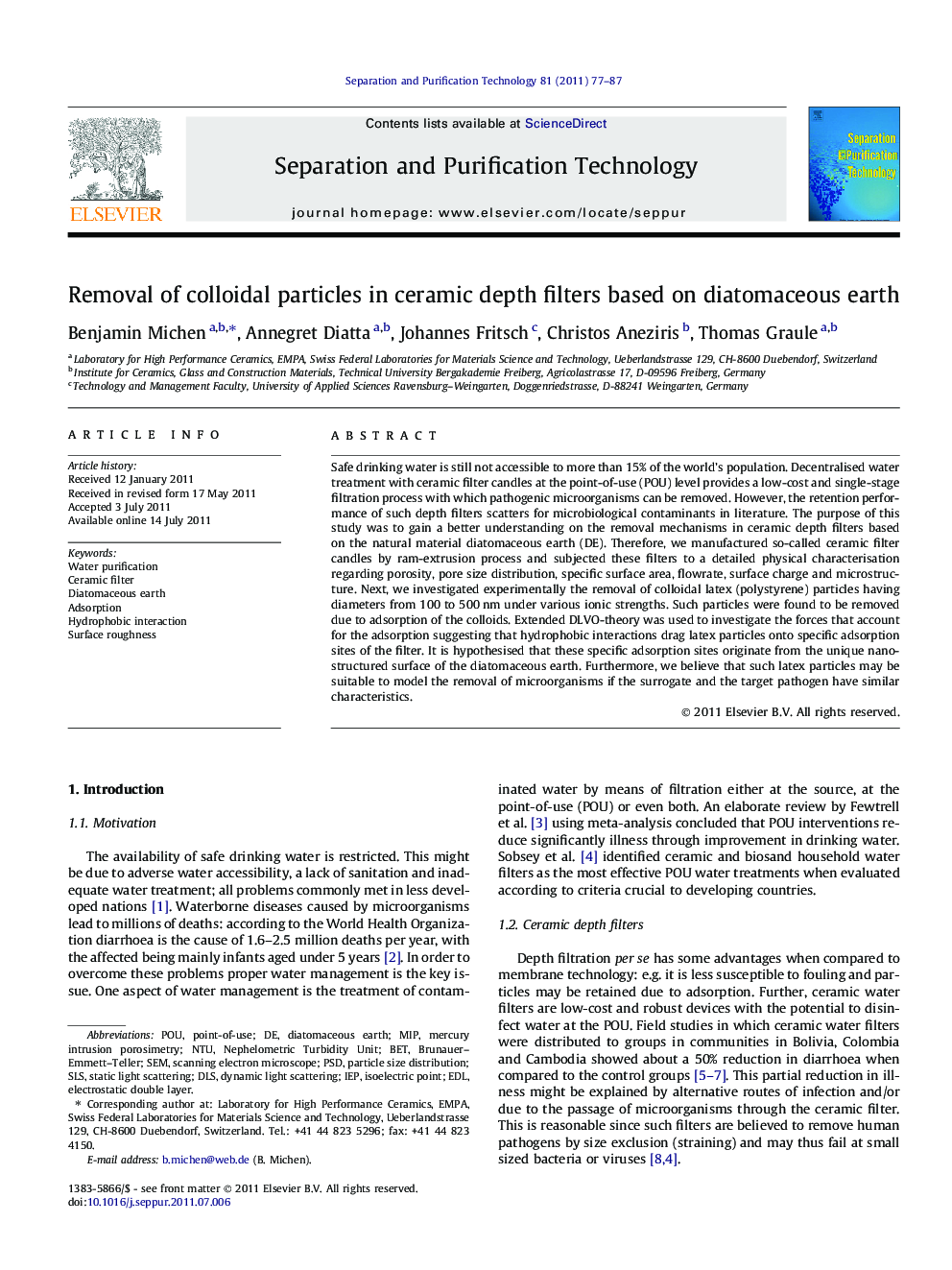 Removal of colloidal particles in ceramic depth filters based on diatomaceous earth