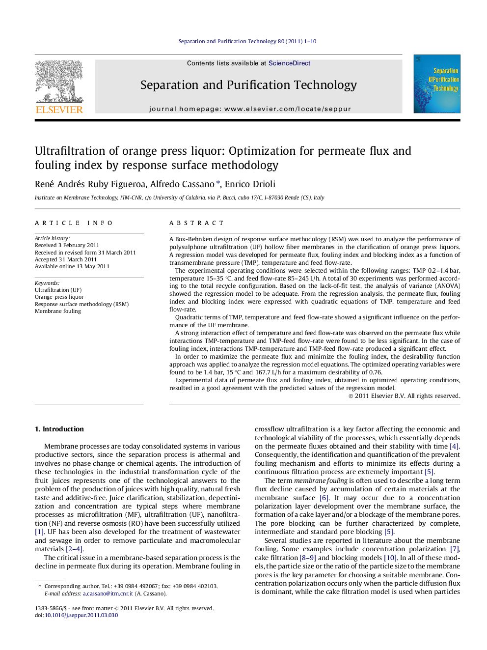 Ultrafiltration of orange press liquor: Optimization for permeate flux and fouling index by response surface methodology