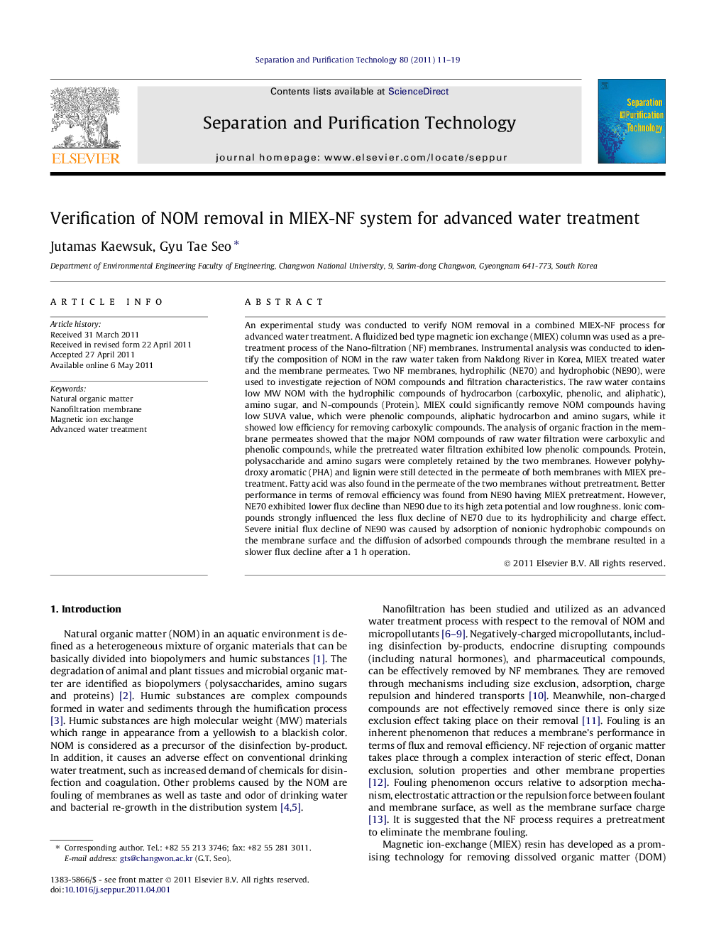 Verification of NOM removal in MIEX-NF system for advanced water treatment