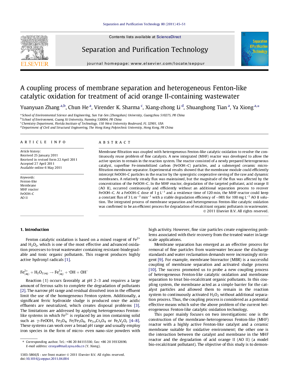 A coupling process of membrane separation and heterogeneous Fenton-like catalytic oxidation for treatment of acid orange II-containing wastewater