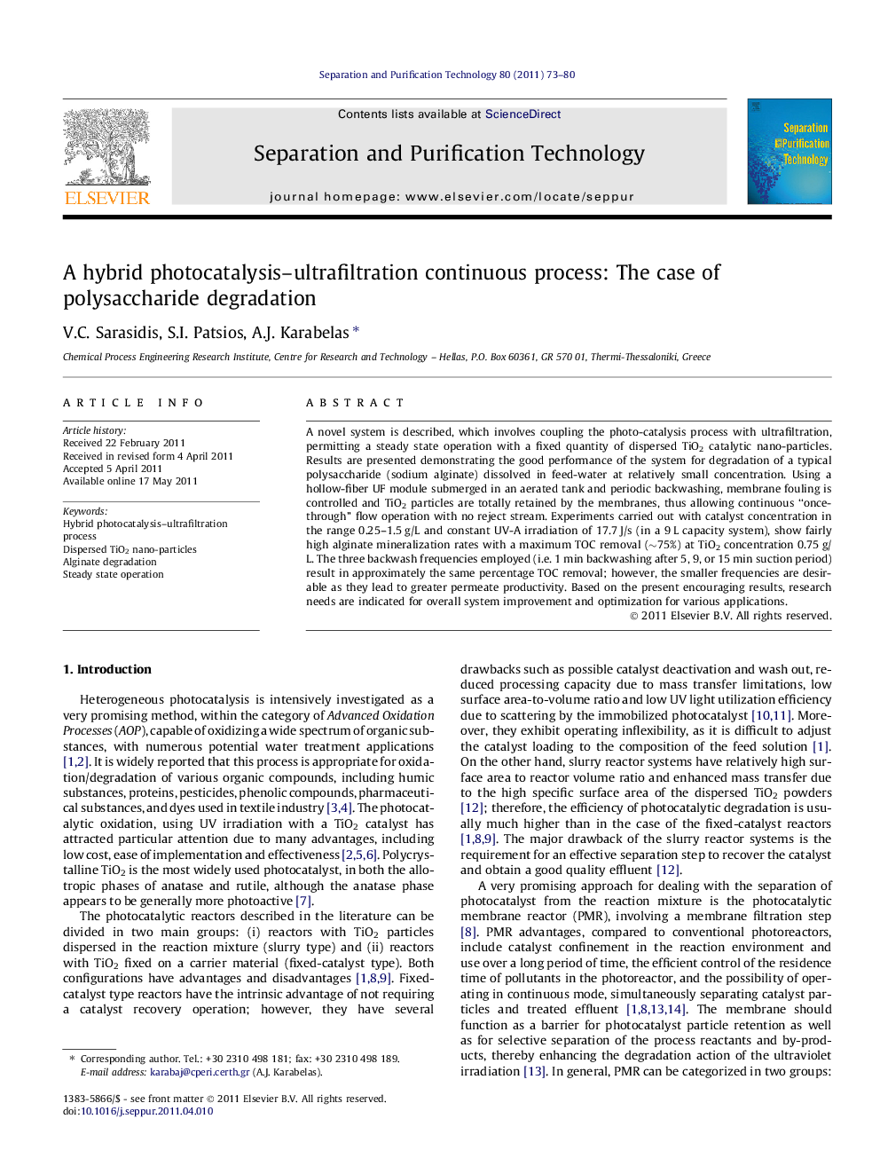 A hybrid photocatalysis–ultrafiltration continuous process: The case of polysaccharide degradation