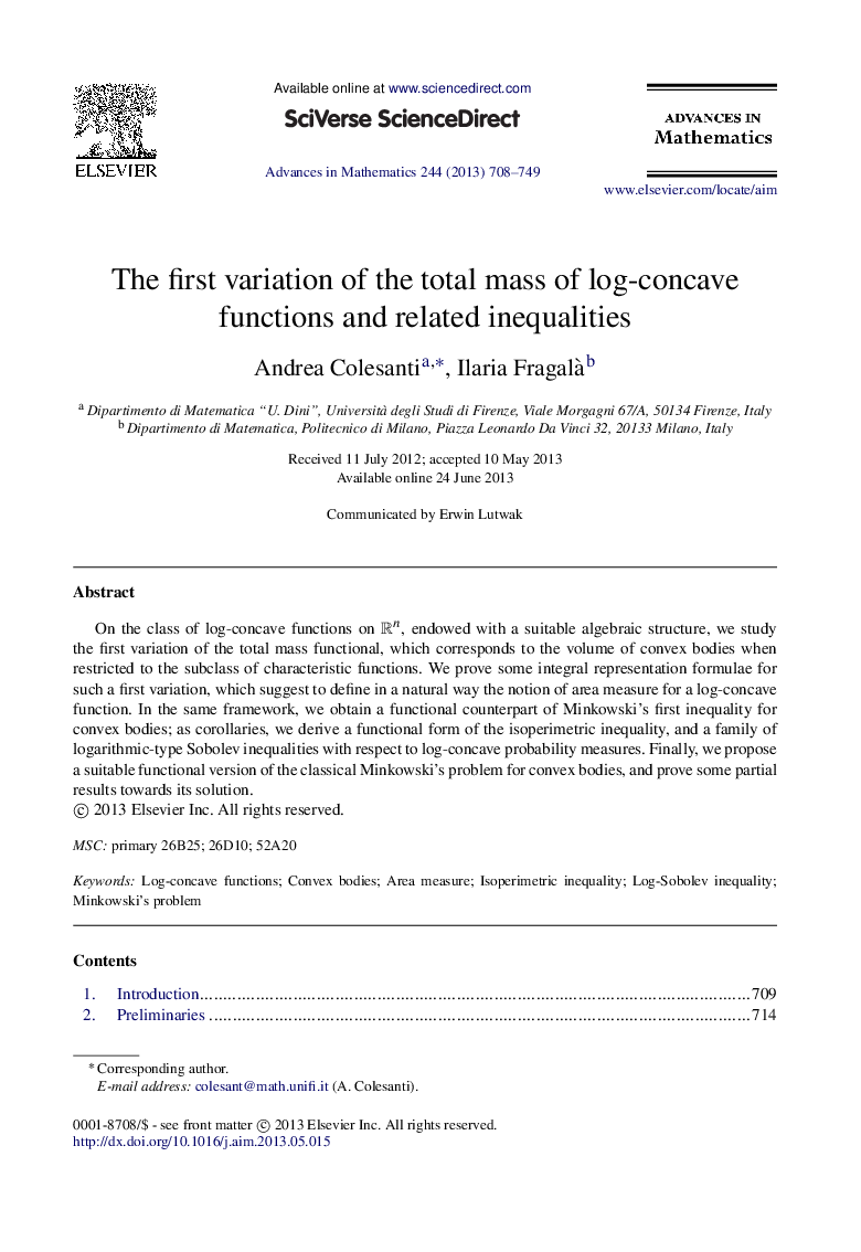 The first variation of the total mass of log-concave functions and related inequalities