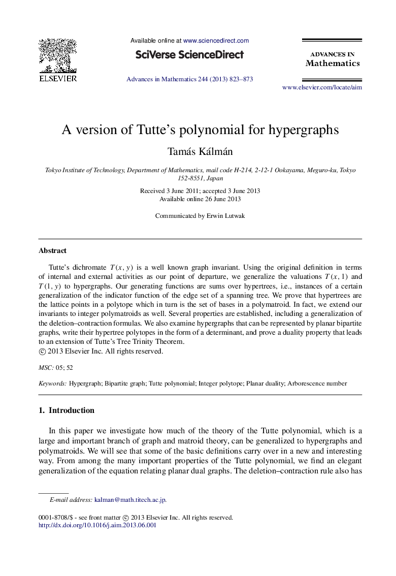 A version of Tutte's polynomial for hypergraphs