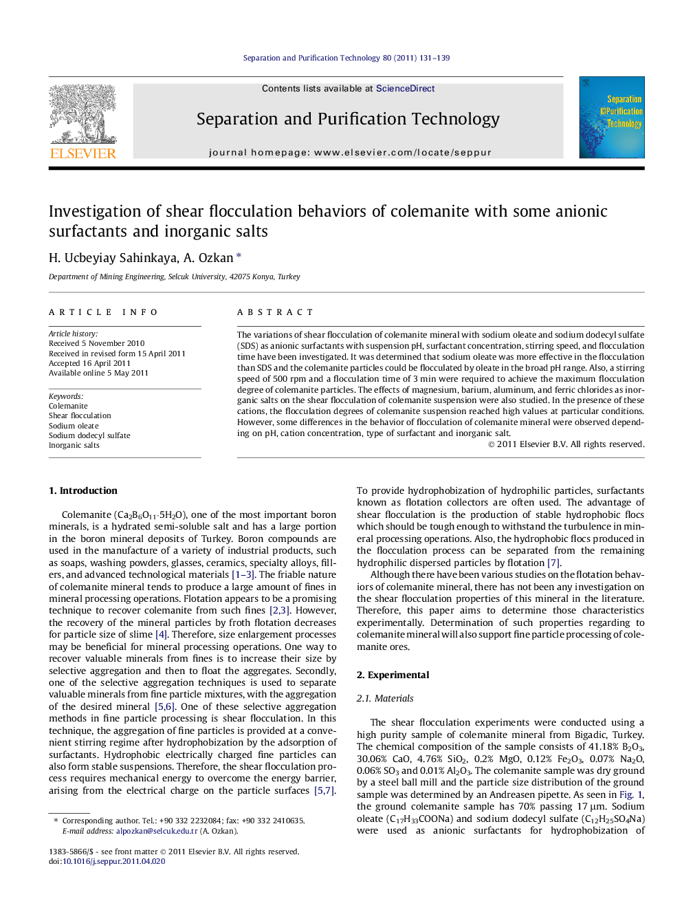 Investigation of shear flocculation behaviors of colemanite with some anionic surfactants and inorganic salts