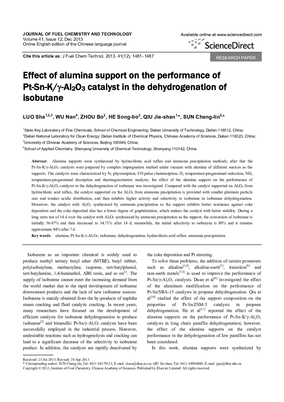 Effect of alumina support on the performance of Pt-Sn-K/γ-Al2O3 catalyst in the dehydrogenation of isobutane