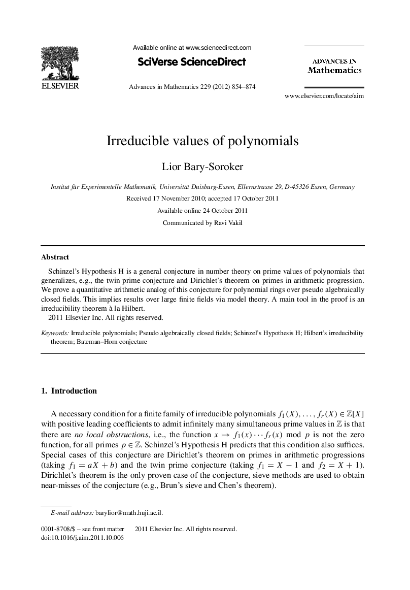 Irreducible values of polynomials